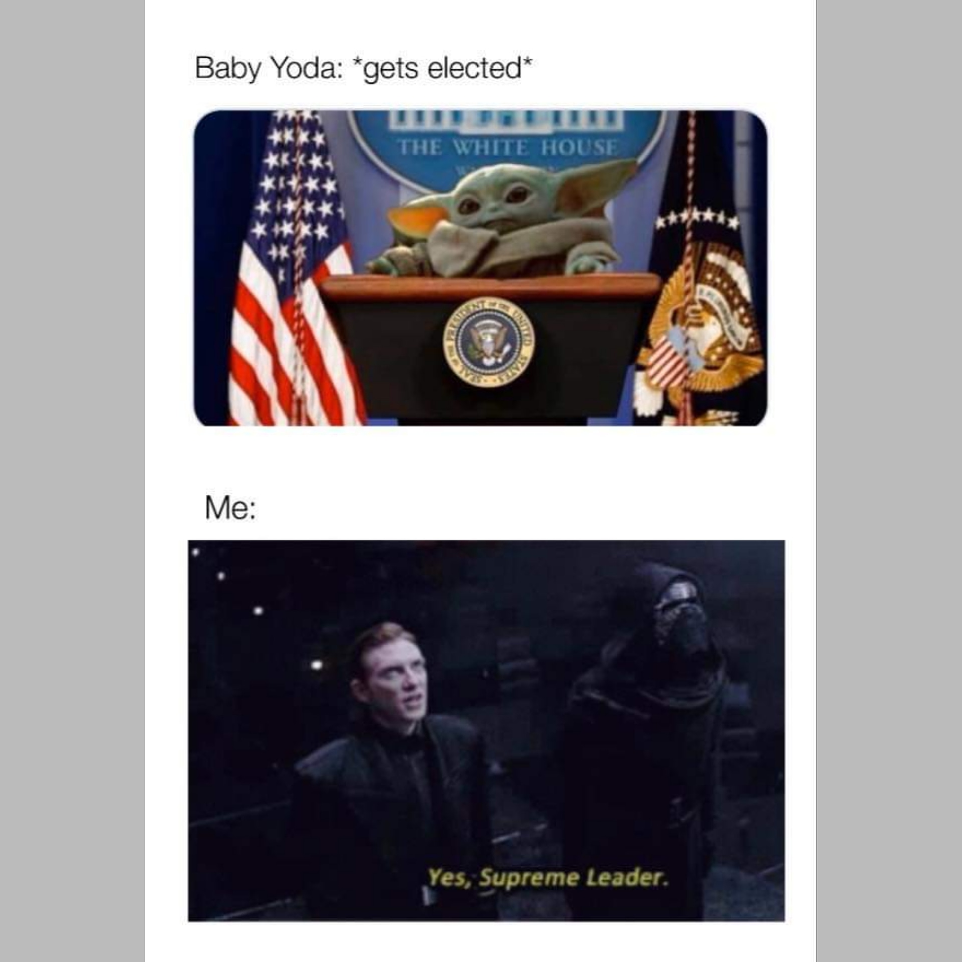 This meme is a play on the iconic "I am your father" line from the Star Wars franchise, but with a twist. The image shows a picture of Baby Yoda (a young, wise, and powerful character from the Star Wars series) sitting at a desk, with a caption that says "Baby Yoda: *gets elected*". The meme is poking fun at the idea that even a young, inexperienced being like Baby Yoda could somehow become a leader or politician.